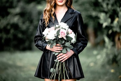 Woman holding pink roses bouquet