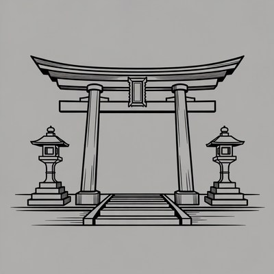 Torii Gate with Stone Lanterns Illustration