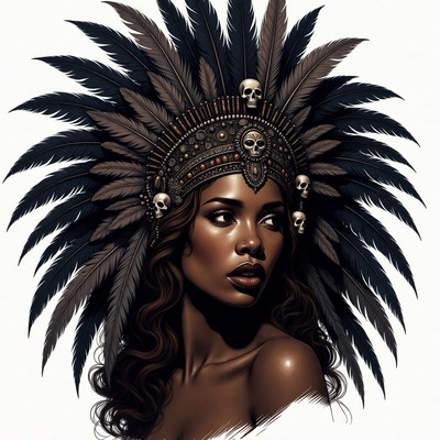 African woman in skull feather headdress