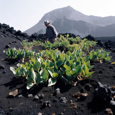 Man inspecting plants on volcanic landscape