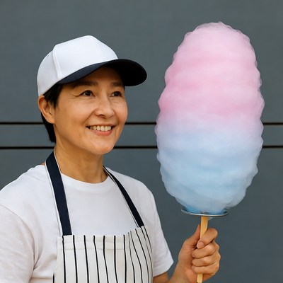 Asian woman holding pink blue cotton candy
