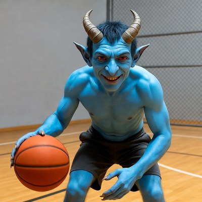 Blue demon man dribbling basketball
