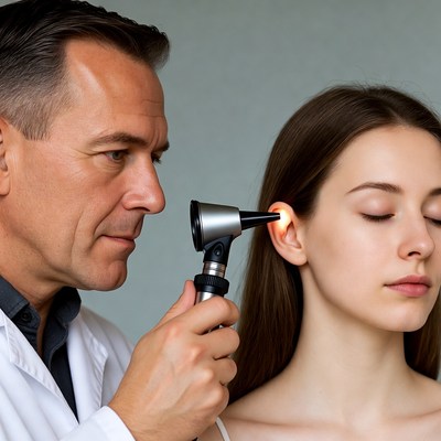 Doctor examining girl's ear with otoscope