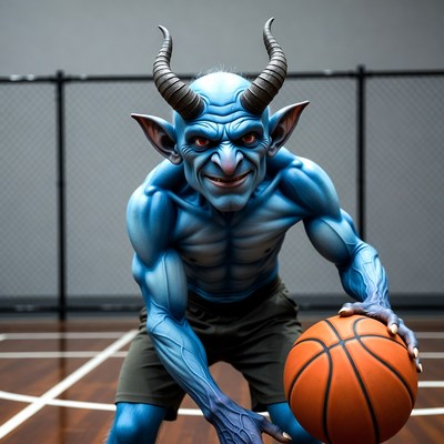 Blue demon holding basketball