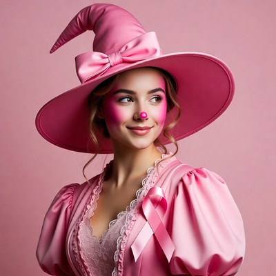 Woman in pink witch costume with clown nose