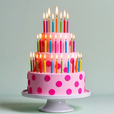 Pink polka dot birthday cake with candles
