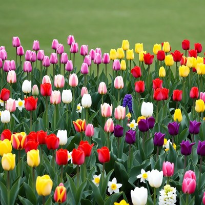 Colorful Tulips in Green Field