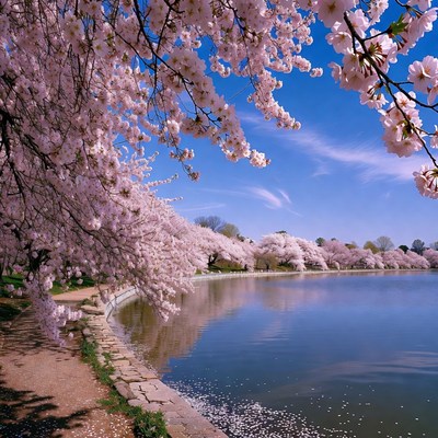 Cherry Blossoms Blooming Around Lake