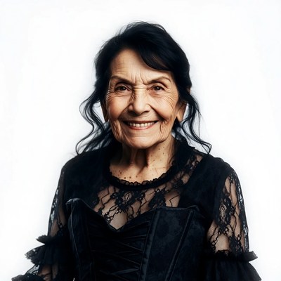 Elderly woman smiling in black lace dress