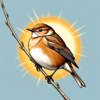 Robin perching on branch with sun