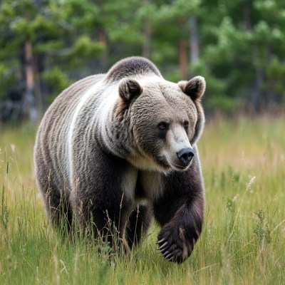 Grizzly Bear Walking in Forest Meadow