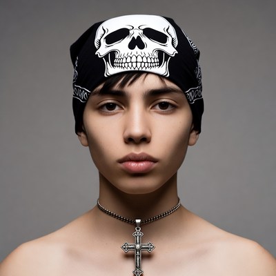 Androgynous person wearing skull bandana