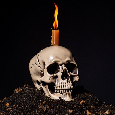 Human skull with burning candle