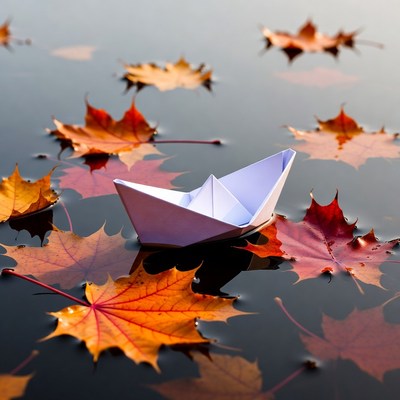 Paper Boat on Autumn Leaves Water