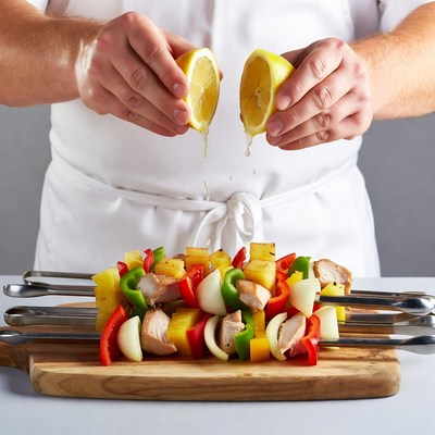 Chef squeezing lemon on chicken skewers
