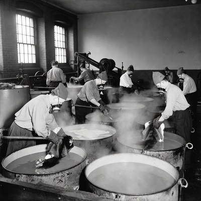 Workers stirring vats in factory