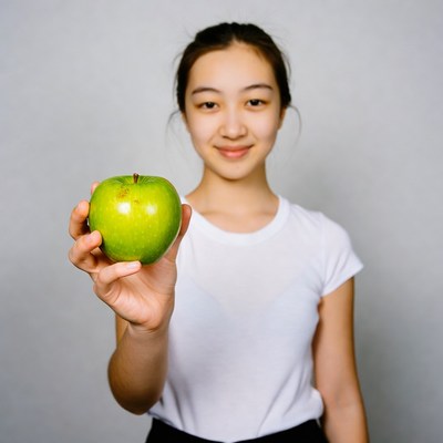 Asian girl holding green apple
