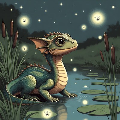 Cute baby dragon in swamp