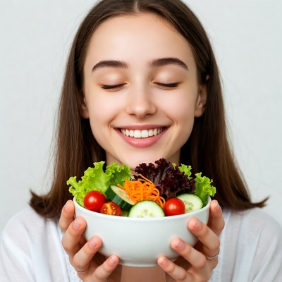 Young woman holding fresh salad bowl