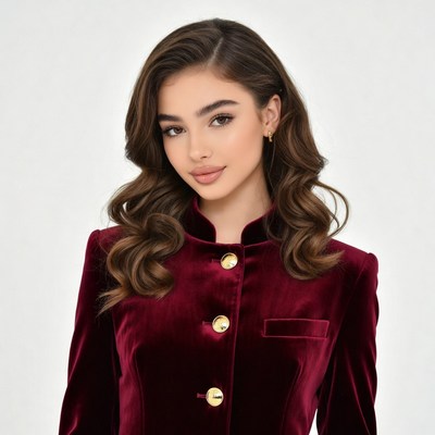 Woman in red velvet blazer