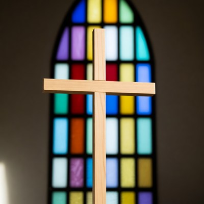 Wooden Cross Before Stained Glass Window