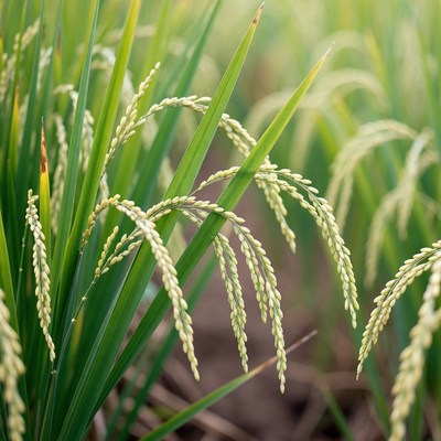 Green rice plants in field