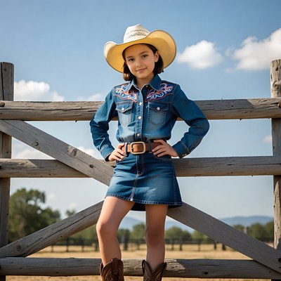 Girl in cowboy outfit by fence