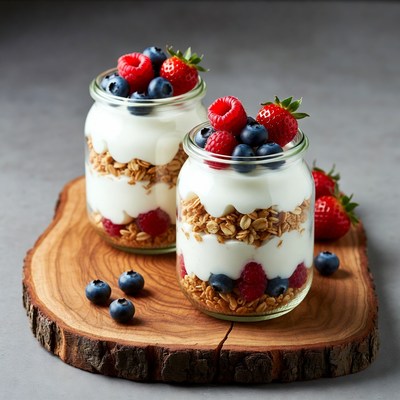 Berry Yogurt Parfaits on Wooden Board