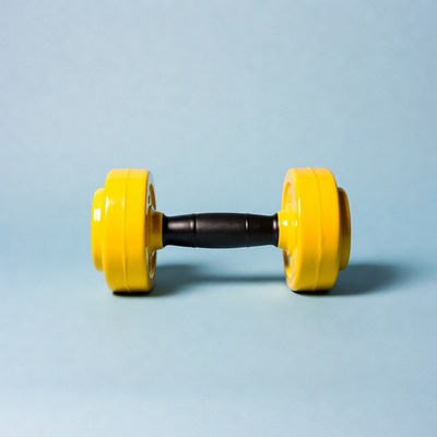 Yellow dumbbell on blue background