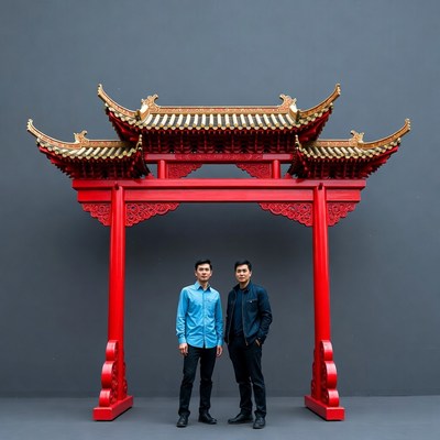 Two Asian men under red torii gate