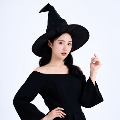 Asian woman in black witch hat