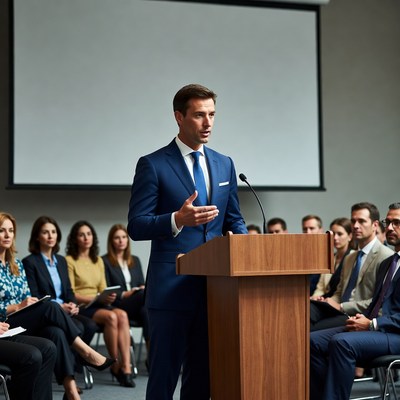 Man speaking at podium in conference