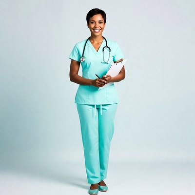 African-American nurse holding clipboard