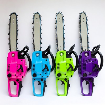 Four Colorful Chainsaws on White Background