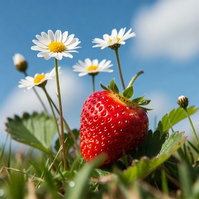 Strawberry with Daisies on Blue Sky