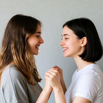 Two women holding hands smiling