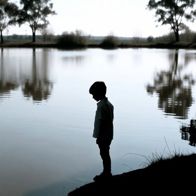 Boy silhouetted by lake