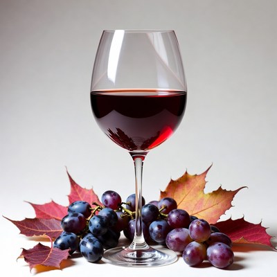 Red Wine Glass with Grapes and Leaves