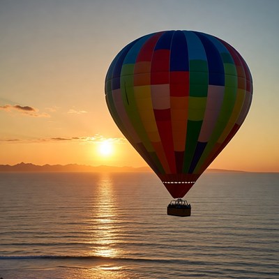 Colorful hot air balloon over ocean sunset