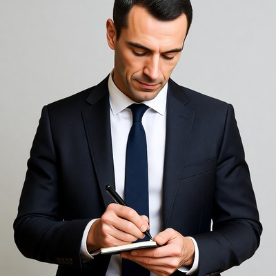 Man writing in notebook suit