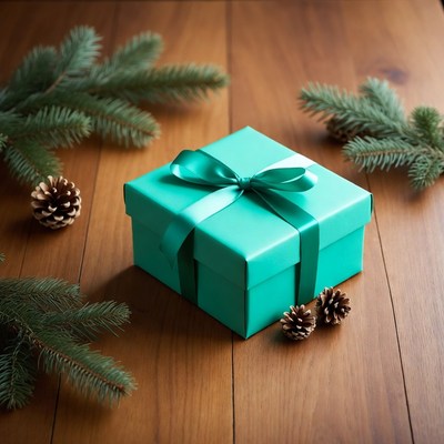 Turquoise gift box with pine branches