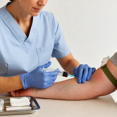 Nurse administering injection to patient arm