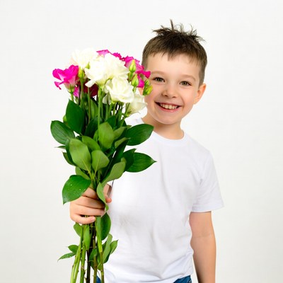 Boy holding white pink flowers