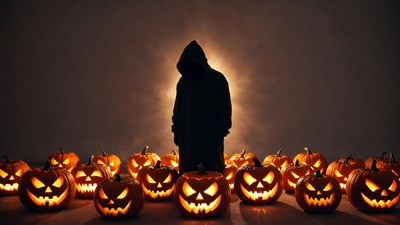 Hooded Figure Surrounded by Jack-o-Lanterns