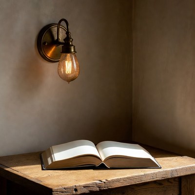 Open book on wooden table under wall lamp