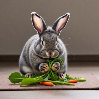 Gray bunny eating carrots and greens