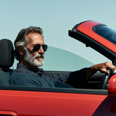 Mature man driving red convertible