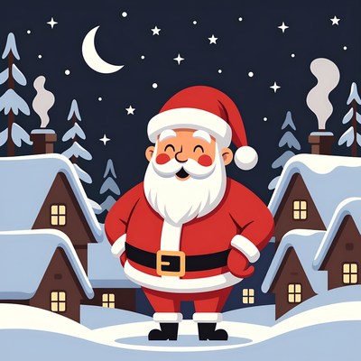 Smiling Santa Claus in Snowy Village