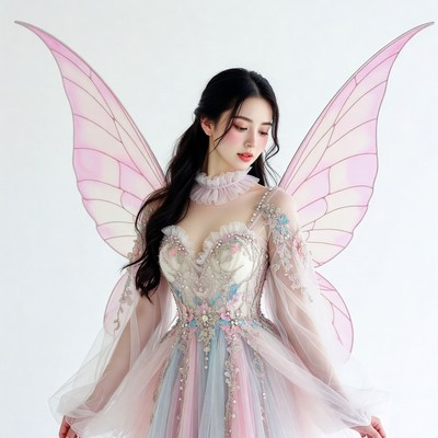 Asian woman in pink fairy wings