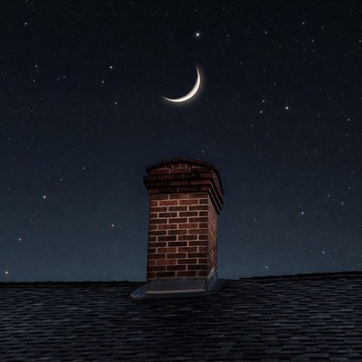 Brick Chimney on Roof Under Crescent Moon